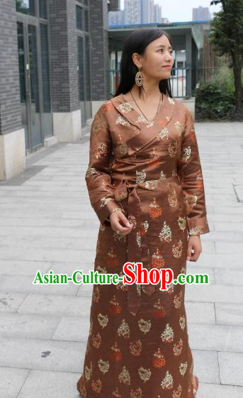 Chinese Traditional Minority Dance Costume Brown Tibetan Robe Zang Nationality Clothing for Women