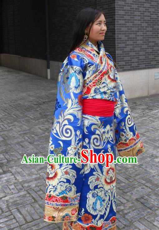 Chinese Traditional Minority Wedding Costume Royalblue Tibetan Robe Zang Nationality Clothing for Women