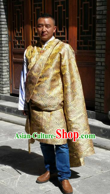 Chinese Traditional Tibetan Minority Wedding Costume Zang Nationality Golden Brocade Tibetan Robe for Men