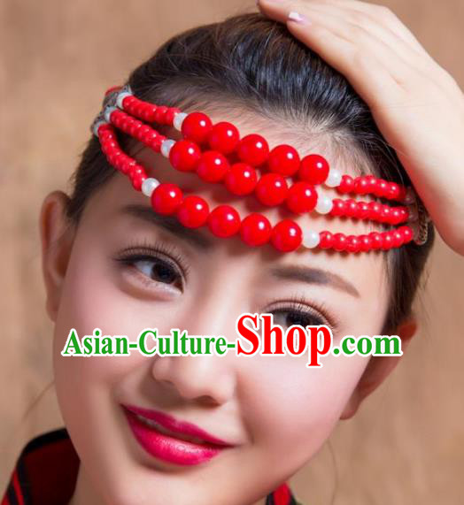 Traditional Chinese Folk Dance Hair Accessories, Mongolian Minority Red Beads Hair Jewelry Dance Headband for Women