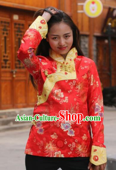 Chinese Traditional Tibetan Minority Costume Red Blouse Zang Nationality Clothing for Women
