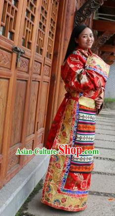 Chinese Traditional Red Wedding Tibetan Robe Minority Costume Zang Nationality Clothing for Women