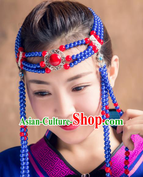 Chinese Traditional Ethnic Folk Dance Tassel Hair Accessories Royalblue Beads Hair Clasp, Mongolian Minority Dance Headwear for Women