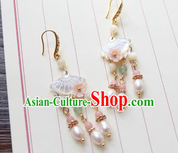 Chinese Ancient Handmade Shell Pearls Earrings Accessories Hanfu Eardrop for Women
