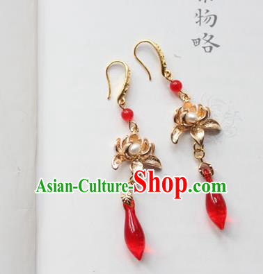 Chinese Ancient Handmade Hanfu Brass Lotus Earrings Accessories Eardrop for Women