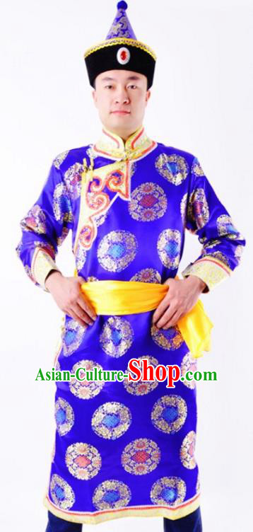 Chinese Mongol Nationality Costume Royalblue Mongolian Robe Traditional Mongolian Minority Folk Dance Clothing for Men