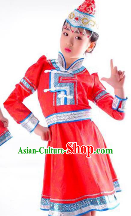 Chinese Mongol Nationality Costume Traditional Mongolian Minority Red Dress for Kids