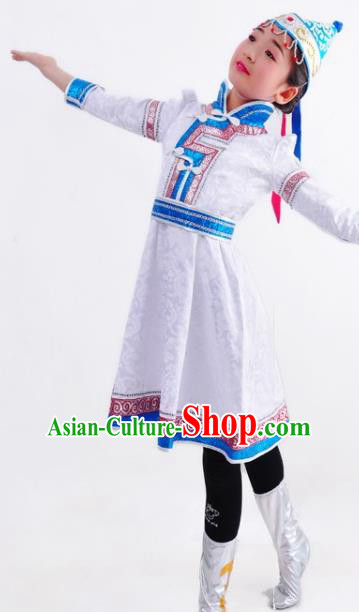 Chinese Mongol Nationality Costume Traditional Mongolian Minority White Dress for Kids