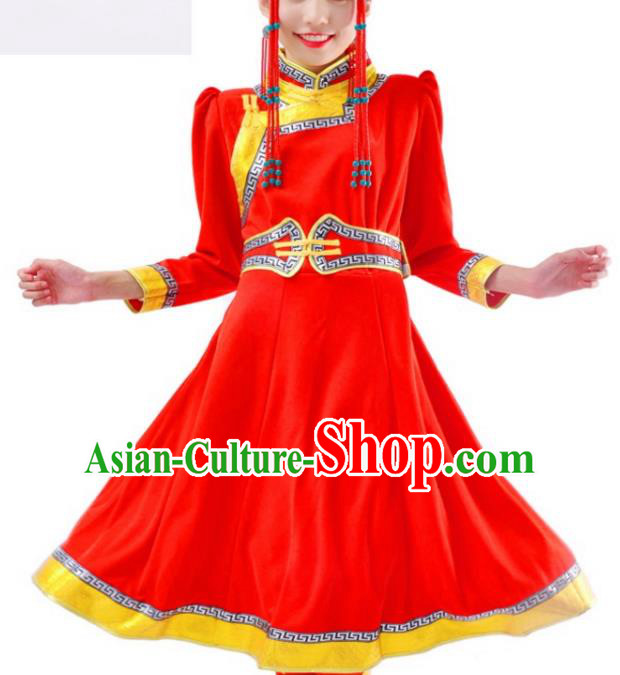 Chinese Mongol Nationality Red Costume Traditional Mongolian Minority Dress for Women