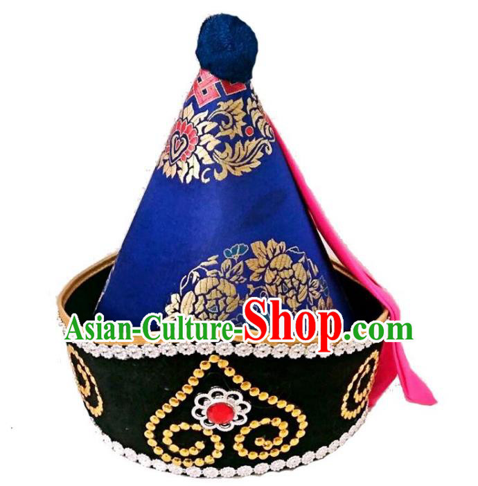 Chinese Handmade Mongol Nationality Wedding Hats Hair Accessories Mongolian Royalblue Hats for Men