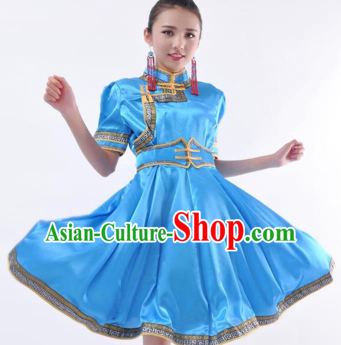 Chinese Mongol Nationality Costume Blue Dress Traditional Mongolian Minority Clothing for Women