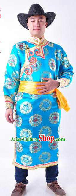 Chinese Mongol Nationality Costume Traditional Mongolian Minority Folk Dance Blue Robe for Men