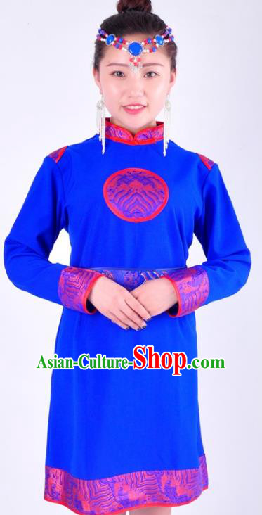 Chinese Mongol Nationality Costume Traditional Mongolian Minority Blue Dress for Women
