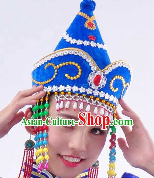 Chinese Handmade Mongol Nationality Wedding Blue Hats Mongolian Bride Hats for Women