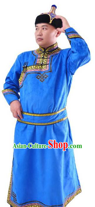 Chinese Mongol Nationality Costume Traditional Mongolian Minority Folk Dance Blue Mongolian Robe for Men