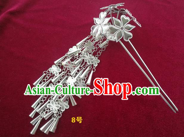 Chinese Traditional Miao Nationality Hair Accessories, Hmong Sliver Bells Tassel Flowers Hairpins Headwear for Women