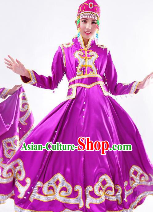 Chinese Mongol Nationality Folk Dance Costume Traditional Mongolian Minority Purple Big Swing Dress for Women