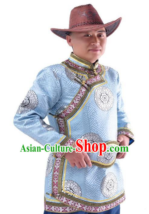 Chinese Mongol Nationality Costume Traditional Mongolian Royal Highness Blue Coat for Men