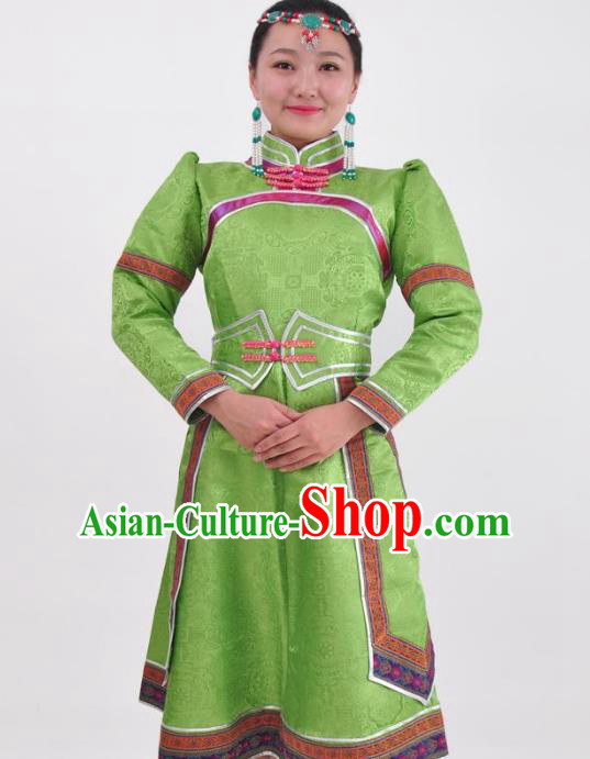 Chinese Mongol Nationality Folk Dance Green Dress Costume Traditional Mongolian Minority Clothing for Women
