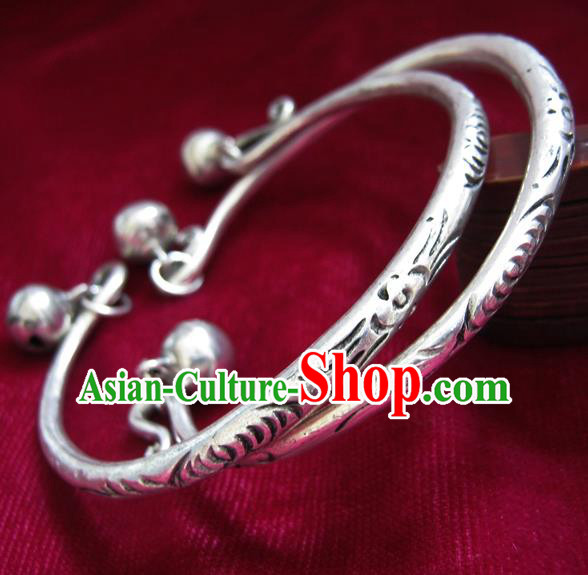 Chinese Miao Nationality Silver Ornaments Traditional Hmong Handmade Carving Bracelets for Women