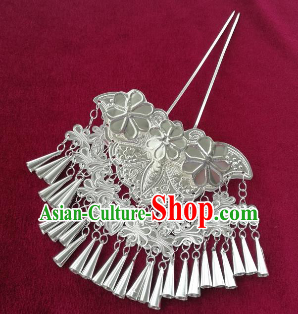 Chinese Traditional Miao Nationality Hair Accessories Hmong Sliver Butterfly Tassel Hairpins Headwear for Women