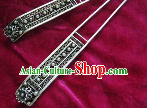 Chinese Traditional Miao Nationality Hair Accessories Hanfu Antique Sliver Hairpins for Women