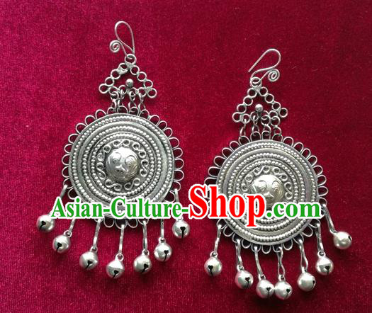 Chinese Handmade Miao Nationality Jewelry Accessories Sliver Bells Tassel Earbob Hmong Earrings for Women