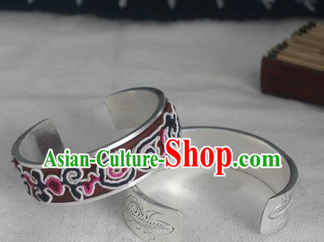Chinese Miao Nationality Ornaments Sliver Bracelet Traditional Hmong Embroidered Bangle for Women