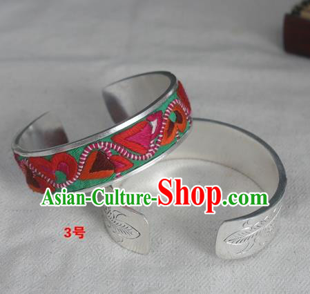 Chinese Miao Nationality Ornaments Sliver Bracelet Traditional Hmong Embroidered Green Bangle for Women