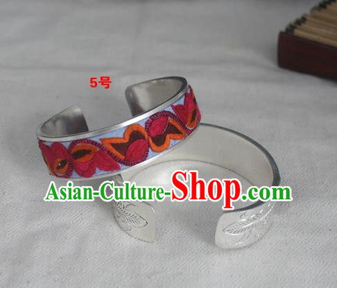 Chinese Miao Nationality Ornaments Sliver Bracelet Traditional Hmong Embroidered Birds Bangle for Women
