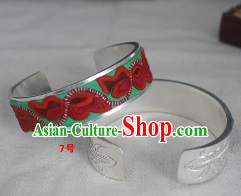 Chinese Miao Nationality Ornaments Sliver Embroidered Bracelet Traditional Hmong Bangle for Women