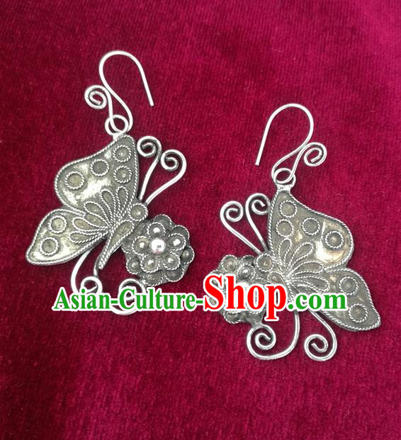 Chinese Miao Sliver Ornaments Sliver Earrings Traditional Hmong Handmade Butterfly Eardrop for Women