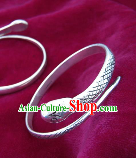 Chinese Miao Sliver Ornaments Snake Bracelet Traditional Hmong Handmade Sliver Bangle for Women