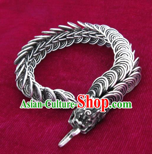 Chinese Miao Sliver Ornaments Dragon Head Bracelet Traditional Hmong Handmade Sliver Bangle for Women