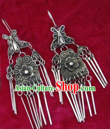 Chinese Handmade Miao Sliver Butterfly Exaggerated Eardrop Hmong Nationality Earrings for Women