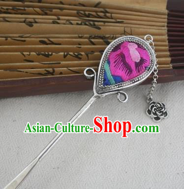 Traditional Chinese Miao Nationality Sliver Tassel Hair Clip Hanfu Embroidered Rosy Hairpins Hair Accessories for Women