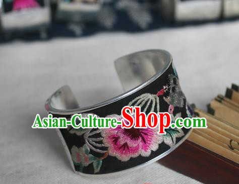 Chinese Miao Sliver Ornaments Bracelet Traditional Hmong Handmade Sliver Embroidered Pink Peony Bangle for Women