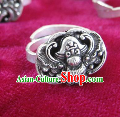 Chinese Traditional Miao Sliver Ornaments Carving Bat Ring Traditional Hmong Sliver Rings for Women