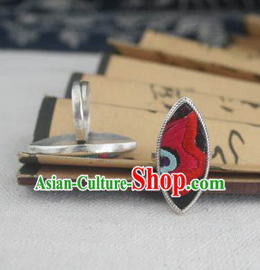 Chinese Traditional Miao Sliver Ornaments Willow Leaf Ring Traditional Hmong Embroidered Red Flower Rings for Women