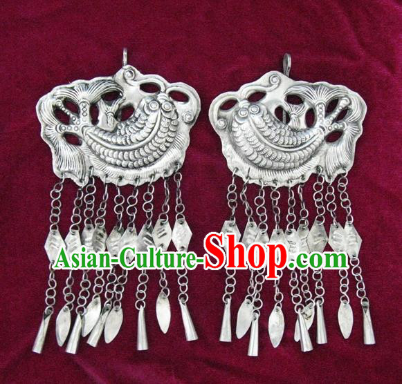 Chinese Miao Sliver Ornaments Carving Fish Earrings Traditional Hmong Tassel Eardrop for Women