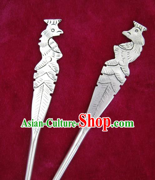 Traditional Chinese Miao Nationality Carving Phoenix Hair Clip Hanfu Sliver Hairpins Hair Accessories for Women