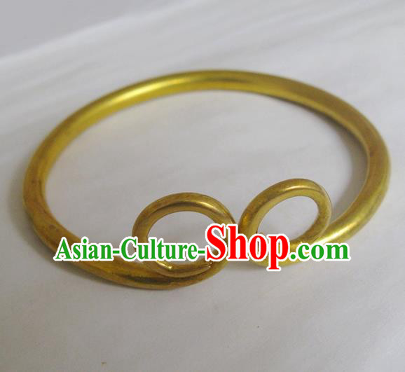 Handmade Chinese Miao Nationality Brass Bracelet Traditional Hmong Golden Hoop Bangle for Women