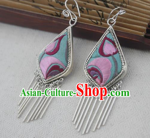 Traditional Chinese Miao Sliver Embroidered Earrings Ornaments Hmong Sliver Eardrop for Women