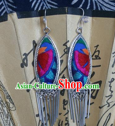 Traditional Chinese Miao Sliver Earrings Ornaments Hmong Embroidered Blue Eardrop for Women
