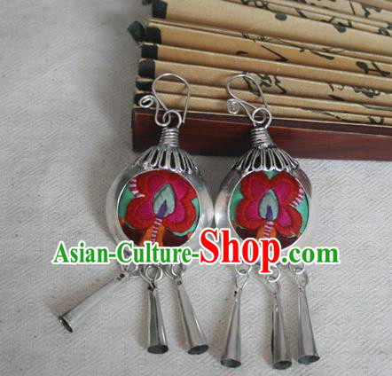 Traditional Chinese Miao Sliver Embroidered Earrings Hmong Ornaments Eardrop for Women