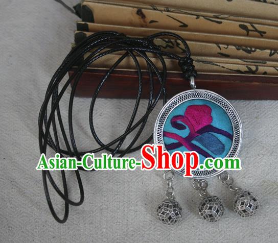 Traditional Chinese Miao Sliver Embroidered Blue Necklace Hmong Ornaments Minority Headwear for Women