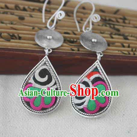 Chinese Miao Sliver Traditional Embroidered Lotus Black Earrings Hmong Ornaments Minority Headwear for Women