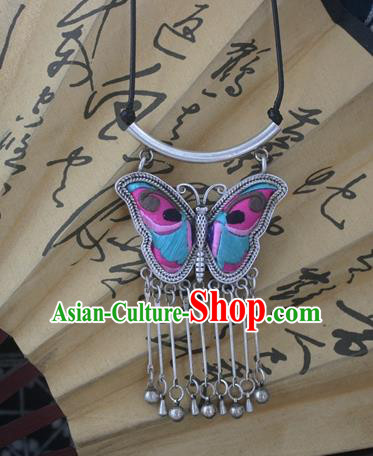 Chinese Miao Sliver Traditional Embroidered Butterfly Necklace Hmong Ornaments Minority Headwear for Women