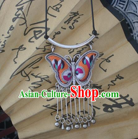 Chinese Miao Sliver Traditional Embroidered Orange Butterfly Necklace Hmong Ornaments Minority Headwear for Women