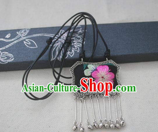 Chinese Miao Sliver Traditional Embroidered Black Necklace Hmong Ornaments Minority Longevity Lock Headwear for Women